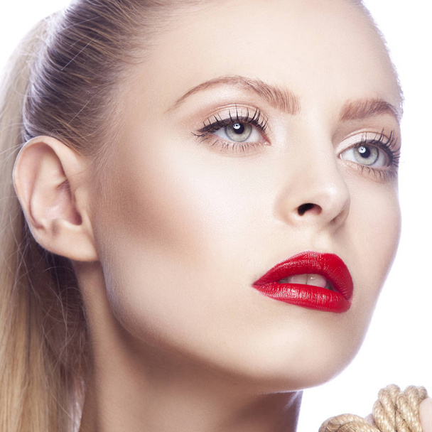 Portrait of woman with modern red lips makeup - Zdjęcie, obraz