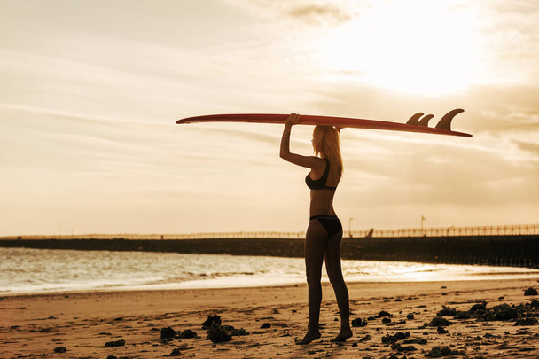 female surfer posing with surfboard on head at sunset - Фото, зображення