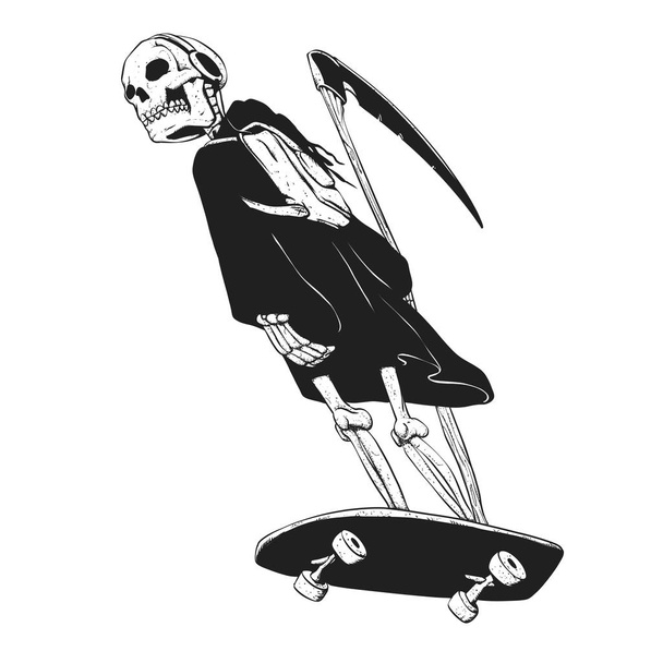 Grim reaper korcsolyázó - vicces csontváz - gótikus monster - fekete-fehér - Fotó, kép