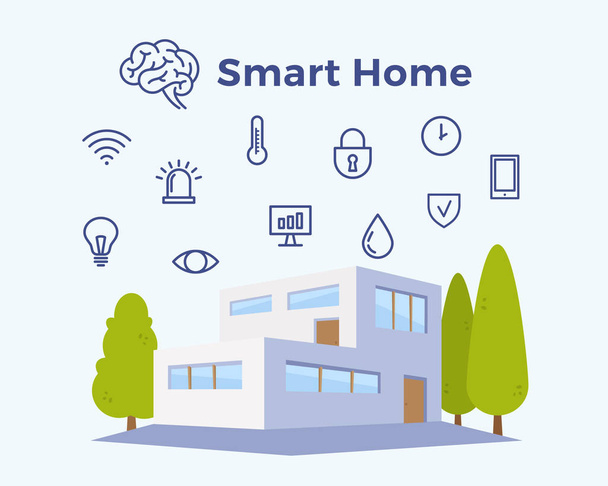 Smart Home Abstract Vector Illustration. Flat Style House with Set of Device and Communication Icons. - Vector, Image