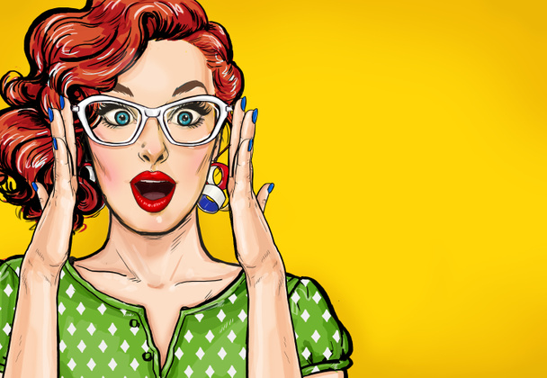 Surprised Pop Art woman in hipster glasses. Advertising poster or party invitation with sexy club girl with open mouth in comic style. - Photo, Image