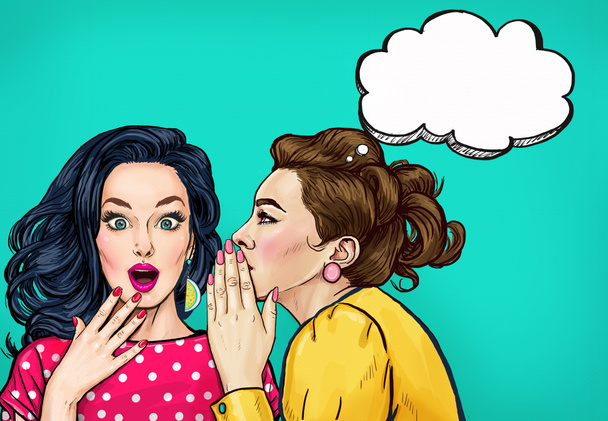 Pop art women gossip with thought bubble. Advertising poster or disco flayer design of female conversation. Two beautiful girls talking about you. - Photo, Image