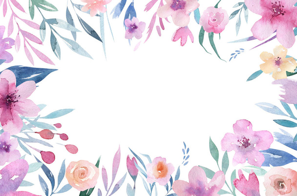 Hand drawn floral frame on white background - Photo, Image