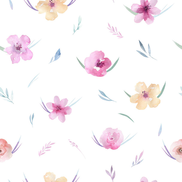 Floral pattern with pink flowers and green leaves in boho style - Foto, afbeelding