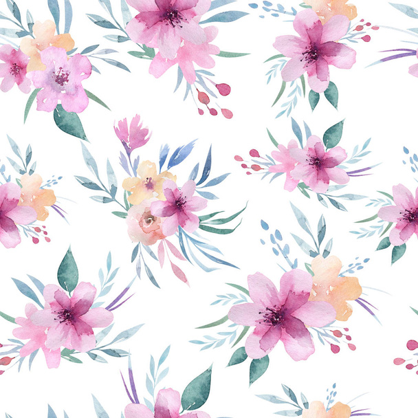 Floral pattern with pink flowers and green leaves in boho style - Foto, Bild