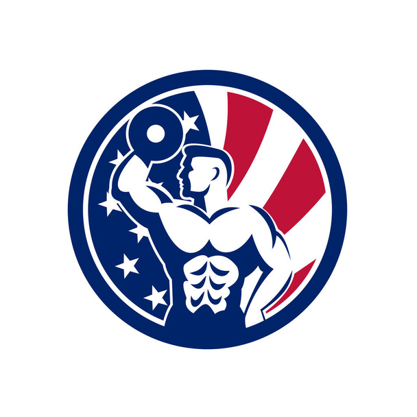 Ikone im Retro-Stil Illustration eines amerikanischen Fitness-Studios zeigt einen Bodybuilder, der eine Hantel hebt, mit vereinigten Staaten von Amerika USA ein Stern-Spangled-Banner oder Sterne-Streifen-Flagge im Kreis. - Vektor, Bild