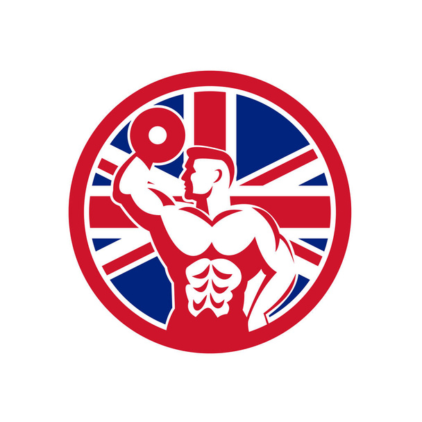Ikone im Retro-Stil Illustration einer britischen Fitness-Studio zeigt einen Bodybuilder mit Hantel mit vereinigtem Königreich Großbritannien, große britische Union Jack Flagge innerhalb Kreis auf isoliertem Hintergrund gesetzt. - Vektor, Bild