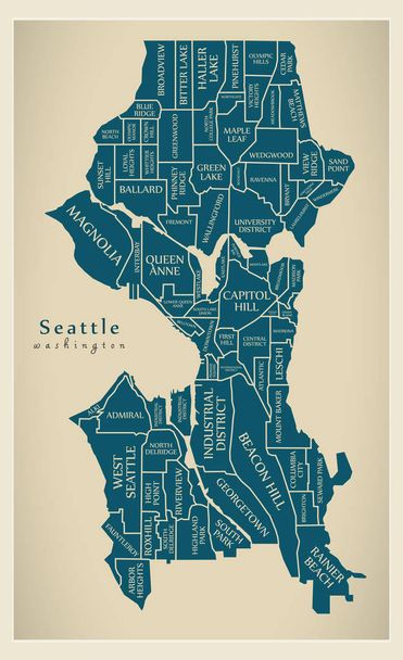 Mapa de la ciudad moderna Seattle Washington ciudad de los Estados Unidos con barrios y títulos
 - Vector, imagen
