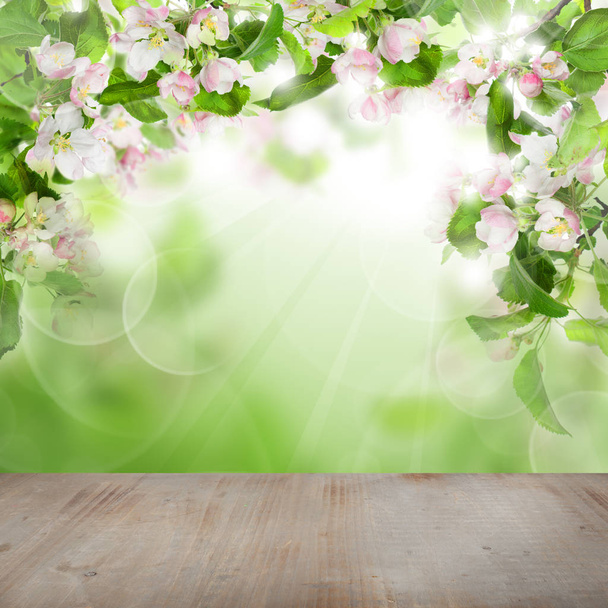 Jarní Apple květy, zelené listy, abstraktní Bokeh světlo a šedé dřevo na jaře zdraví pozadí s Copy prostor - Fotografie, Obrázek