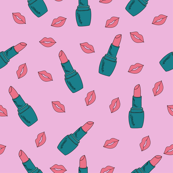 vector seamless pattern with bright juicy lips red and lipstick turquoise blue for printing and textile on pink background - Διάνυσμα, εικόνα