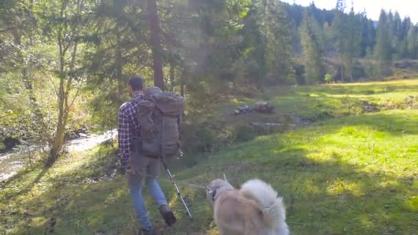 male with backpack and siberian husky dog hiking near the river - Imágenes, Vídeo