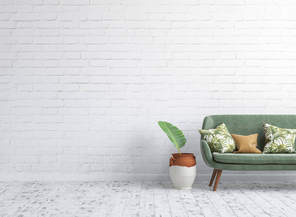 Интерьер гостиной с зеленым диваном на белой кирпичной стене макет фона, 3D рендеринг
 - Фото, изображение