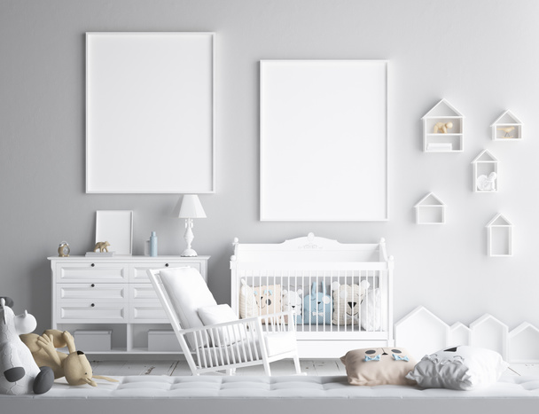 Mock up poster frame in children room, Scandinavian style interior background, 3D render - Foto, Imagem