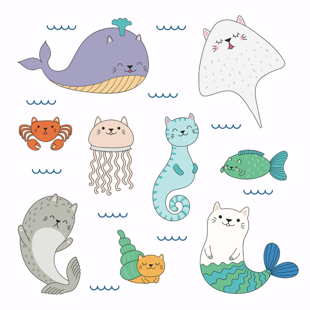 Ilustración vectorial dibujada a mano de animales marinos divertidos kawaii con orejas de gato nadando en el mar, Concepto de diseño para niños print, vector, ilustración
 - Vector, imagen