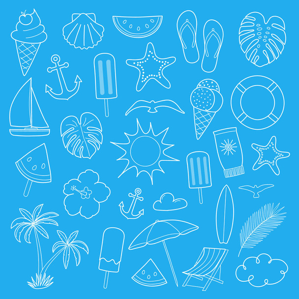 Summer icons on blue background - big collection. Vector. - Vector, afbeelding