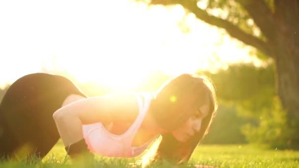 Push up lub naciśnij przycisk ups wykonywanie przez młodą kobietę. Dziewczyna pracuje na trening siłowy crossfit trawy w blasku porannego słońca przeciwko białym niebie z lato. Kaukaski modelu. - Materiał filmowy, wideo