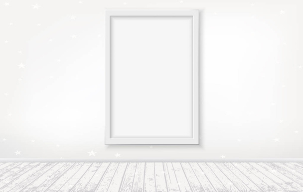 Vector light interior with frame white wooden floor and white wall background with stars pattern - Vector, Image