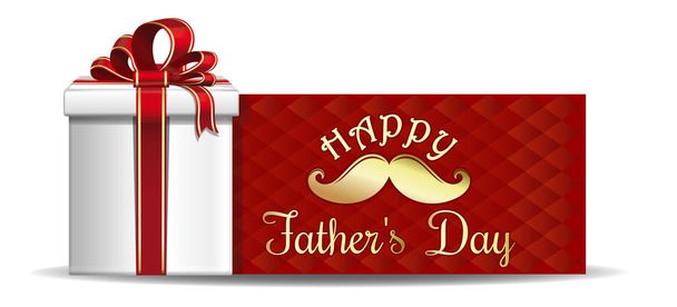 Father's Day card. Gift box on the background of a greeting card.  Gold lettering on a red background - Happy Father's Day. Vector illustration - Wektor, obraz