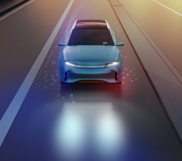 Vista frontal de SUV azul metálico conduciendo en la carretera con patrón de malla gráfica retocado. tráfico nocturno. Imagen de renderizado 3D
. - Foto, Imagen