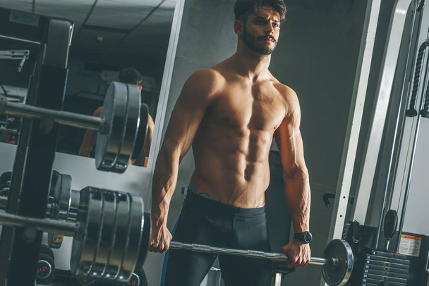 Portrait of strong and handsome young man doing exercise with dumbbells - Foto, Bild