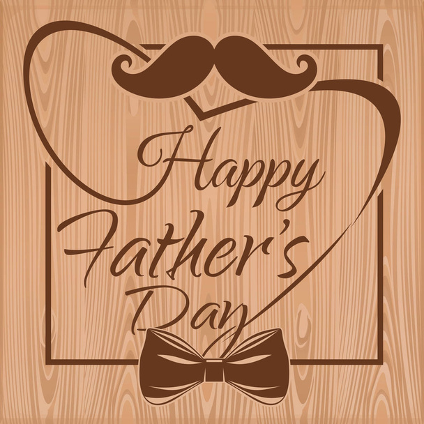 Happy Father's Day. Father's Day symbols - mustache and bow tie. Father's Day Typographic design. Father's Day lettering on a wooden background. Vector illustration - Wektor, obraz