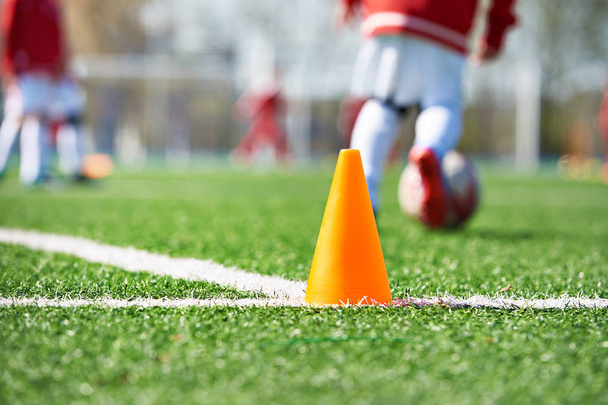 Orange cone for training football on the field - Zdjęcie, obraz