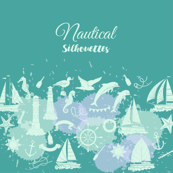 Nautical background with sailing vessels and wheel - Vector, Image