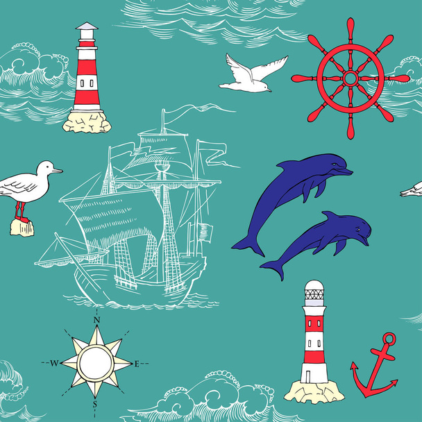 Nautical seamless pattern with sailing vesselsand - ベクター画像