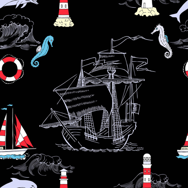 Nautical seamless pattern with sailing vesselsand - Vector, Image