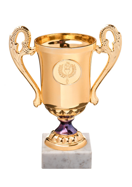 Gold trophy on white marble stand - Foto, Imagen