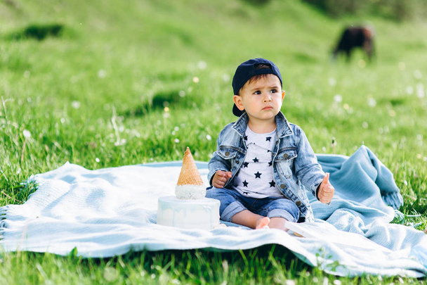 Cute little boy celebrating a birthday, eating blue cake outdoors - Fotografie, Obrázek