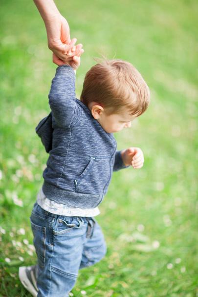 moms hand holding little baby boy walking in a green meadow - Foto, Imagen
