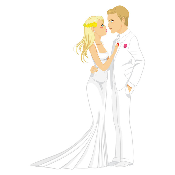 結婚式の日にお互いに優しく見て白いドレスで美しい若い金髪カップル - ベクター画像