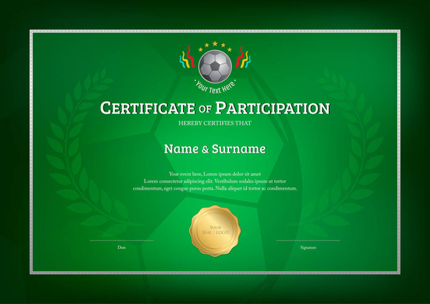 Certificate template in football sport theme with green background border frame, Diploma design - Vector, Image