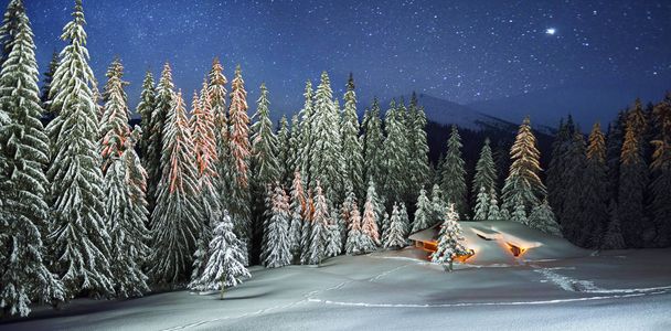観光客のための避難所であり、火の途中でウクライナの Goverla の高山で冬にハンターが屋根に、雪崩のような雪で覆われている山小屋 - 写真・画像