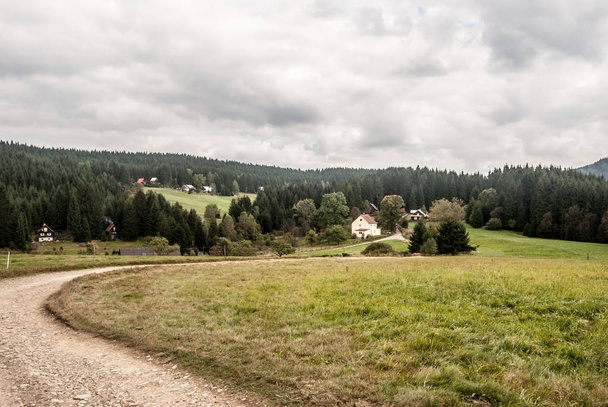 onverharde weg, plaats NUTS Vysni Mohelnice, weide en bos in de herfst Moravskoslezske Beskydy gebergte in Tsjechië - Foto, afbeelding