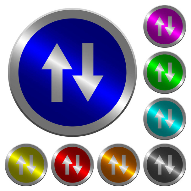 Iconos de tráfico de datos en botones redondos de acero de color similar a monedas luminosas
 - Vector, Imagen