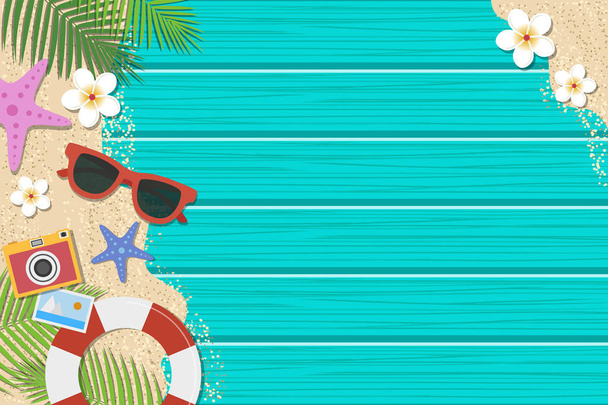 Summer background. Top view with sunglasses, starfish, camera, lifebuoy, flower and leaf on blue wooden background. Season vacation, weekend. Vector Illustration. - Vector, Image