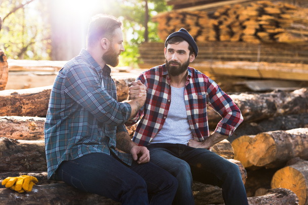 bearded lumberjacks sitting on logs and shaking hands at sawmill  - Fotó, kép