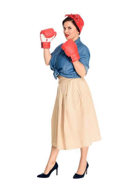full length view of beautiful size plus pin up model in boxing gloves looking at camera isolated on white - Photo, Image