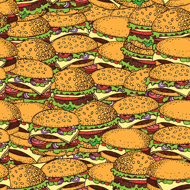 Vector hand drawn seamless pattern of burgers. Cartoon set of fast food. Colorful illustration. For restaurant, menu, street food, bakery, cafe, flyer - Vettoriali, immagini