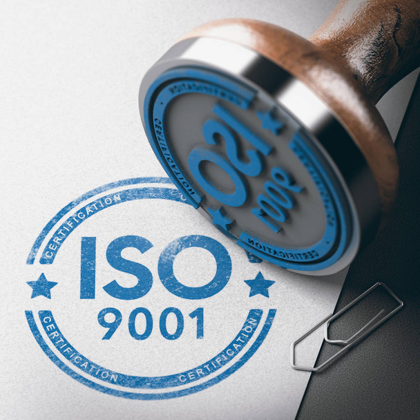 Ilustração 3D de um carimbo de borracha com a certificação ISO 9001 de texto sobre fundo de papel
. - Foto, Imagem