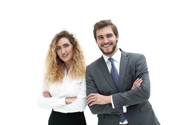 two young business people stand with arms folded - Foto, immagini
