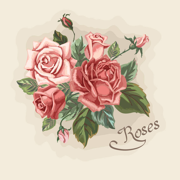 Rosenstrauß im Vintage-Stil. Handgezeichnete Blumen. Vintage Card mit blühenden Rosen. Vektorillustration. - Vektor, Bild
