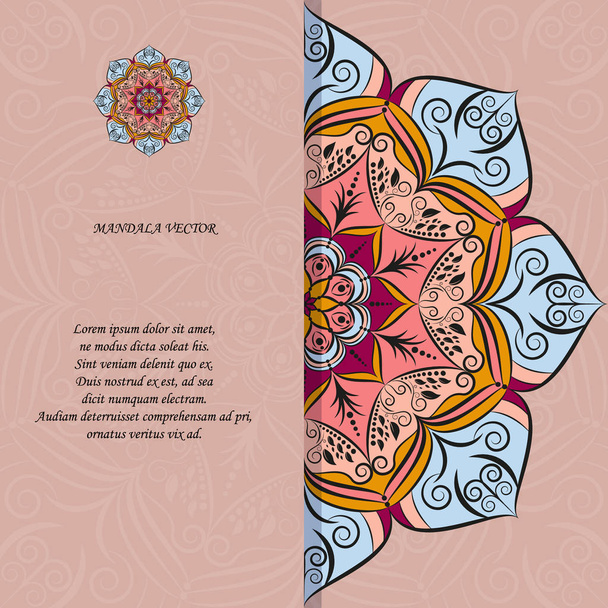 Indian style colorful ornate mandala card. Ornamental blank with ethnic motifs. Oriental graphic design concept. Paper brochure template. EPS 10 vector illustration. Clipping mask. - Vektor, Bild