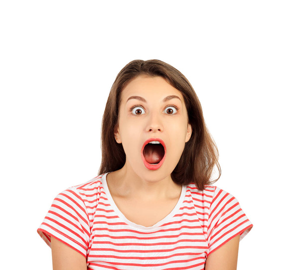 Surprised happy woman looking at the camera. emotional girl isolated on white background. - 写真・画像