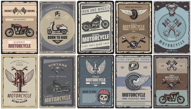 Vintage Colored Motorcycle Posters Set - Vector, Imagen