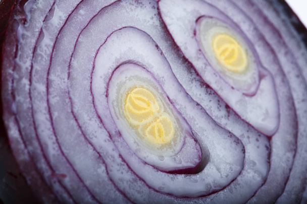 A red onion, sliced in half, close up. texture - Foto, Imagen
