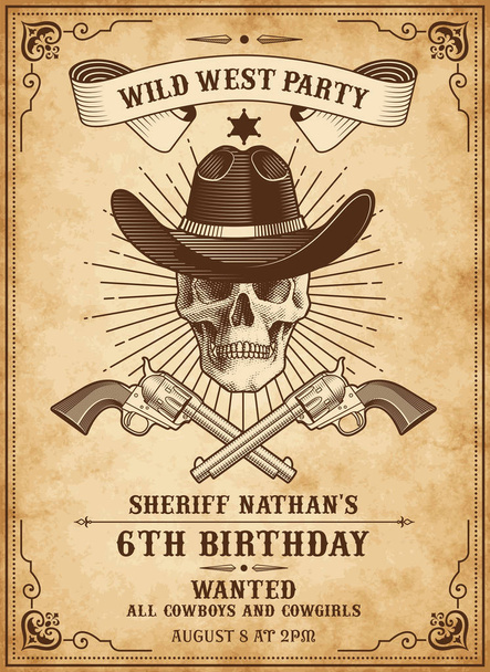 Vintage Looking Invite Template for a Party or Event with wild west or cowboy death theme - Vector, Image