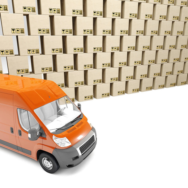 3d illustration. Inaccurate package handling and delivery. Heap of boxes and red van on white background. - Foto, imagen